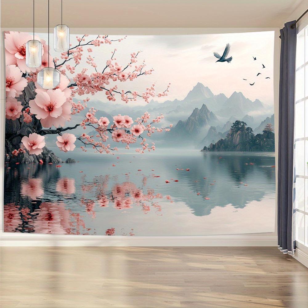 1pc Vintage 3D Cherry Blossom and Mountain Lake Tapestry- Polyester Fabric, Suitable for Living Room, Bedroom, Office Decoration