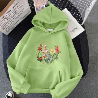 Herbst Neues Sweatshirt mit Blumendruck für Damen Übergroß Locker Lässig Samt Kapuzenpullover Top für Studentin