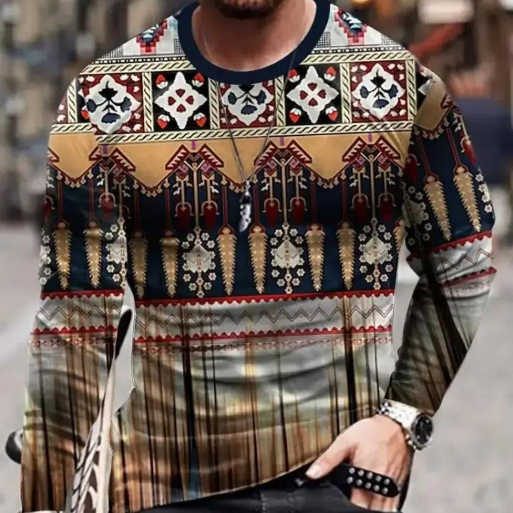 2024 Vintage Men's T-Shirt Color Block Long Sleeve 3D Clothing Print Harajuku Oversized Tops Men's Outdoor Jogging T-Shirt Tops