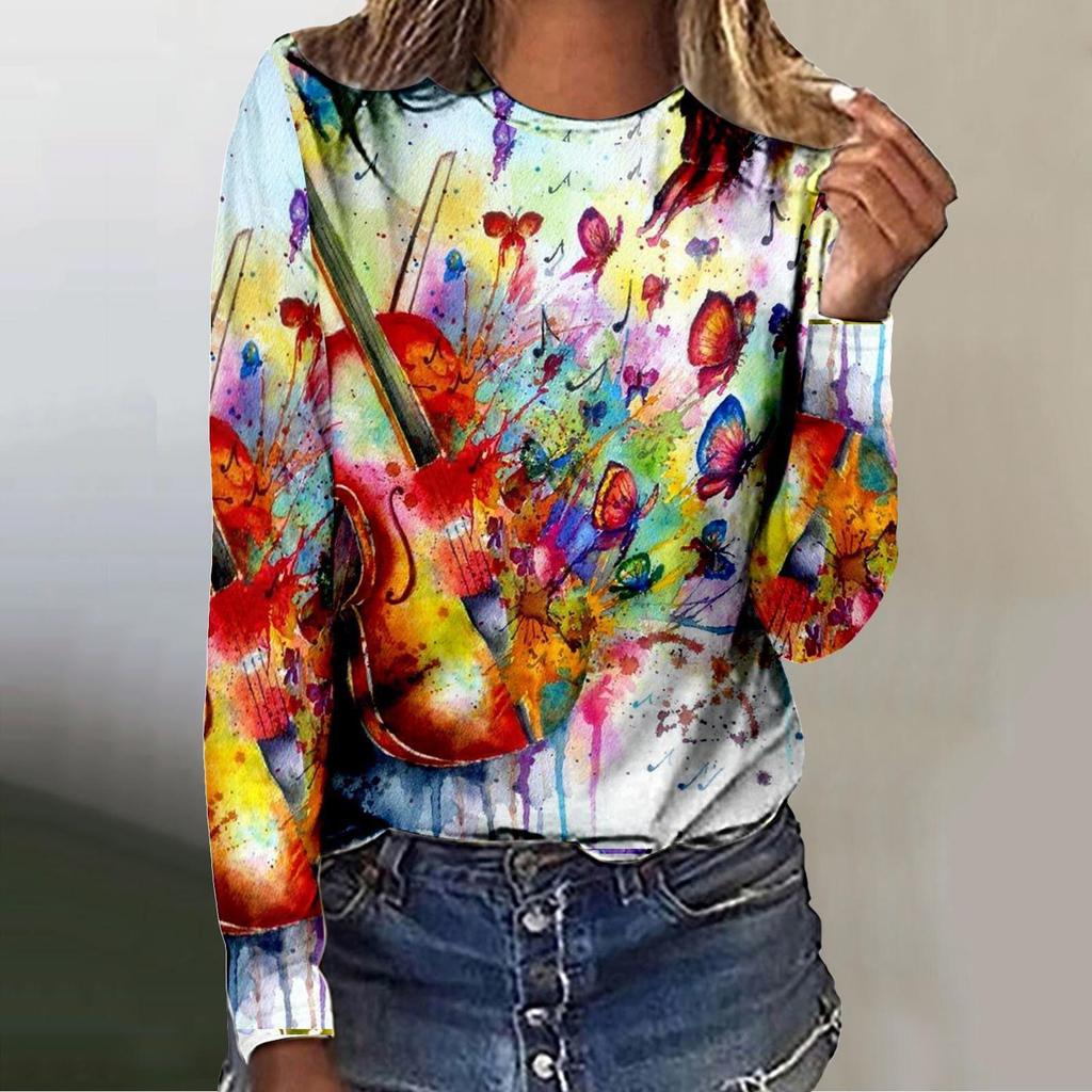Spring and Autumn Round Neck 3D Flower Pattern Printed Top Fashionable Casual Long Sleeved Women's T-shirts