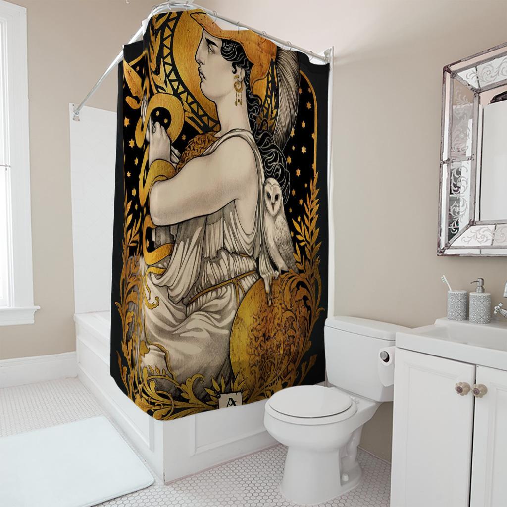 Greek Mythology Goddess Athena Shower Curtain, Gold Owl & Snake Art Deco, Ancient Warrior Queen Aesthetic Bathroom Decor