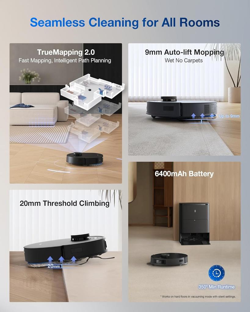 ECOVACS Deebot T30S Pro Robot Vacuum Cleaner with Wiping Function, 11,000 Pa, ZeroTangle Technology, 70°C Hot Water Wiping When Washing