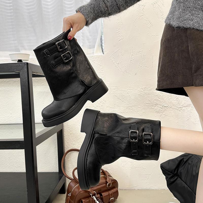 Retro small boots women's new autumn models in 2025 with skirts, long boots, thick-soled height-enhancing and thin knight boots