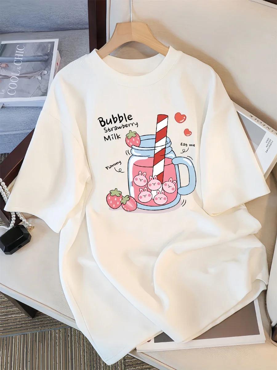 

Delicious Strawberry Drink Printed Womens Tshirt Summer Breathable Street Casual Sports Cool Short Sleeve Women Clothing Y2K S