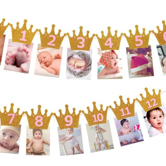 1st Baby Birthday Party Glitter Crown Monthly Photo Banner 1-12 Months Garland