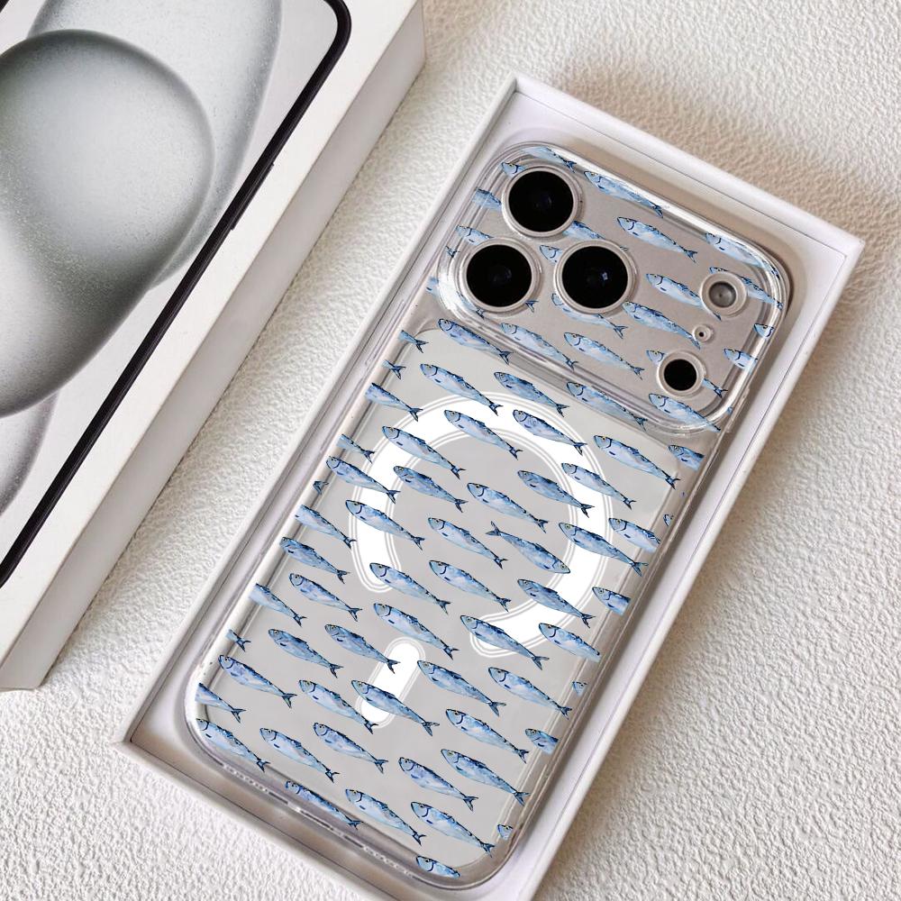 Funny Sardines Phone Case For iPhone 17 16 15 14 13 12 Pro Max Plus With Magnetic Crystal Clear Case Wireless Charge
