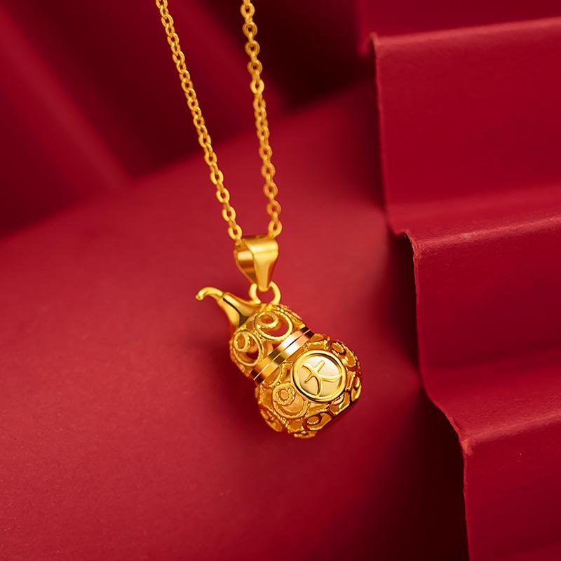 Pure Gold Necklace Lucky Hollowed Out Gourd Pendant for Women Charm Jewelry Gold Jewelry Wedding Party Gift