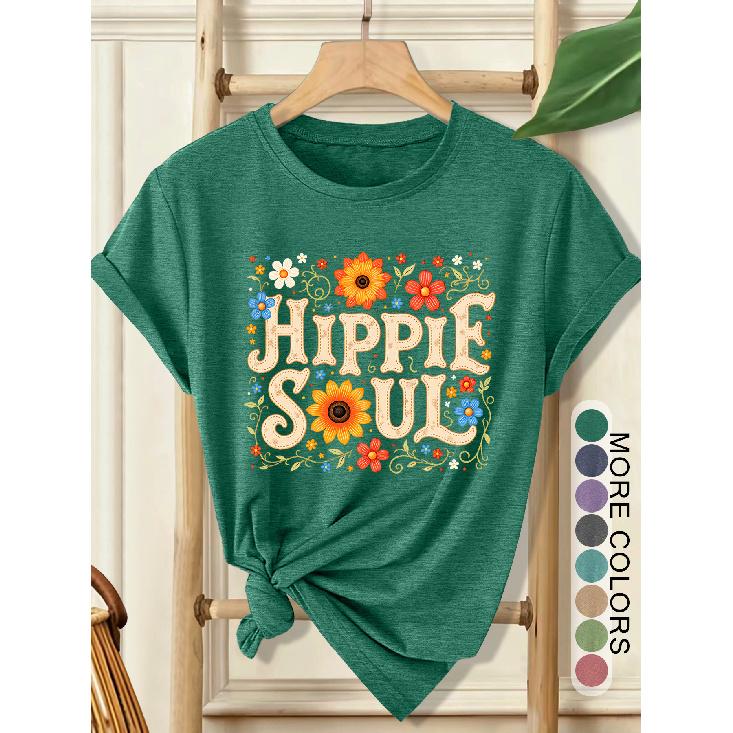 Women's Elegant Style Plus Size Loose Short Sleeve Hippie Soul Hippie Floral Print Pattern Round Neck Women's Comfortable Soft Breathable New Spring