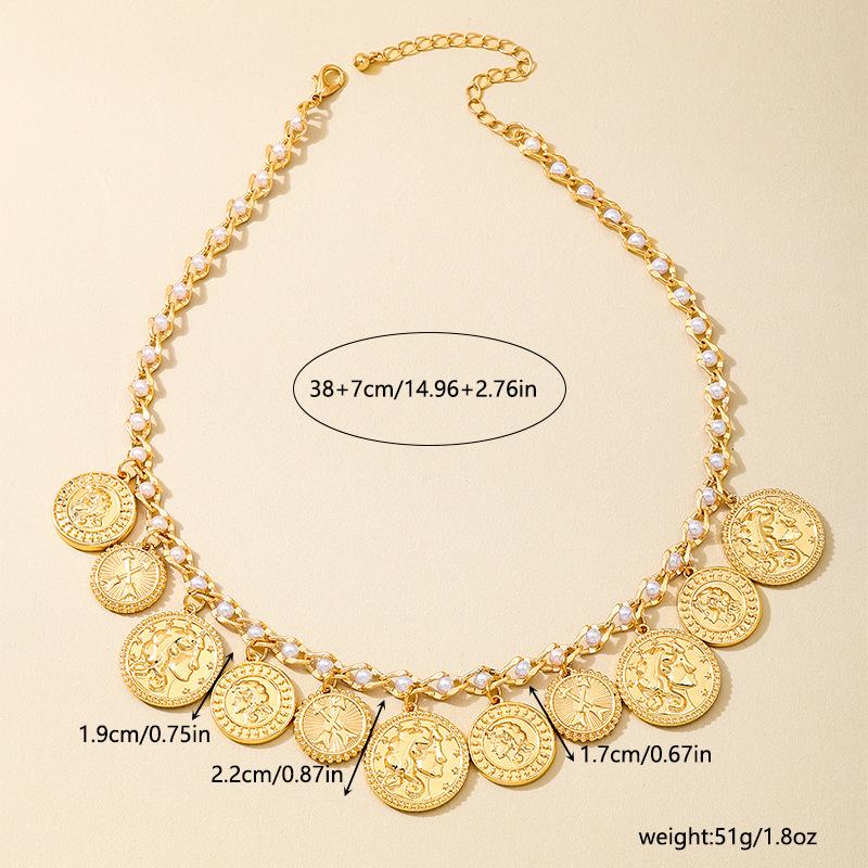 Meier Vintage Court Banquet Style Heavy Metal Gold Chunky Chain Necklace with Coin Pendant for Women