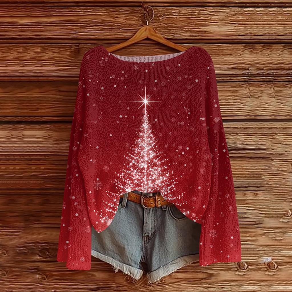 Women's Round Neck Lightweight Sweater Casual Long Sleeve Christmas Print Knit Pullover