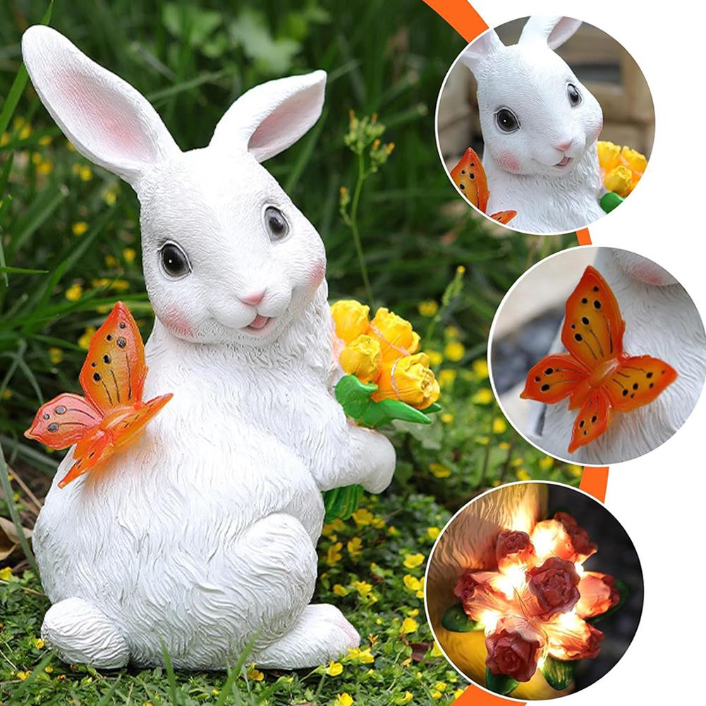 Solar Rabbit Statue Light Cute Bunny Statue Resin Rabbit Figurine Easter Rabbit Sculpture for Patio Yard Lawn