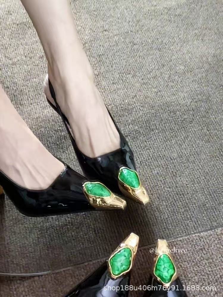 2025 spring and summer French high-end sexy square head single shoes metal iron head stiletto high heels rhinestone rear empty sandals