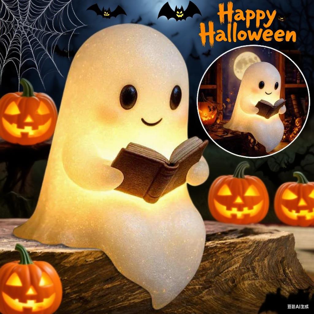 1/2/4Pcs Cute Ghost Reading Book Lamp Halloween Spooky Ghost LED 3D Night Light Home Table Light Up Resin Figurines Decoration