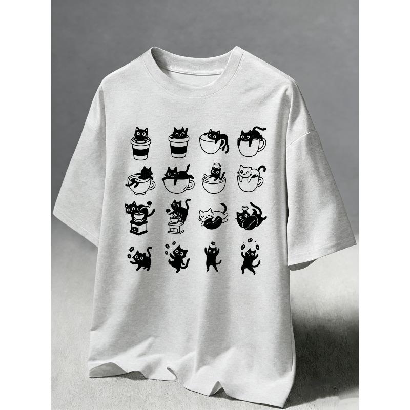 16Style Coffee Cat Doodle Print T Shirt Unisex Cotton Loose TShirts Casual Crewneck Streetwear Comfortable Summer Clothing