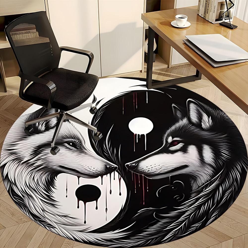 1pc Wolf YinYang Office Round Area Rug, Under Office Chairs Bedroom Living Room Home Decor, Room Deco