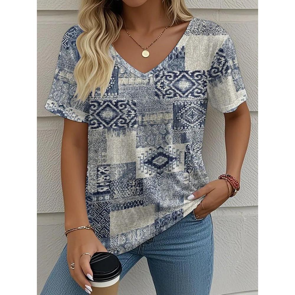 Simple Women's Striped Printed V-neck Top Casual Versatile Short-sleeved Fashion T-shirt Comfortable T-Shirts Women’s