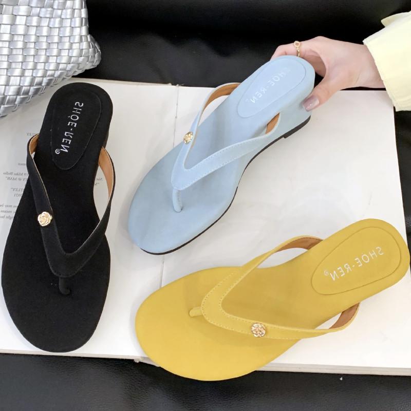 Fashion Round Toe Faux Suede Flip-flops Summer Fashion Wedges Open Toe Slide Women Sandals Outside Comfortable Simple Heels for Ladies