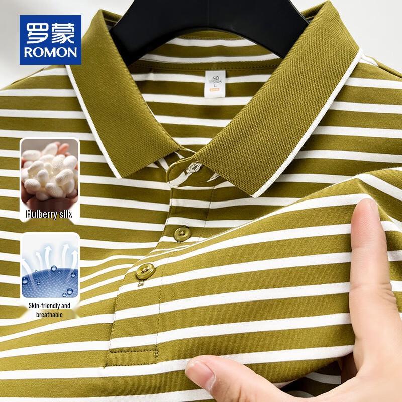 ROMON Men's Cooling Silk Blend Striped Polo Shirt