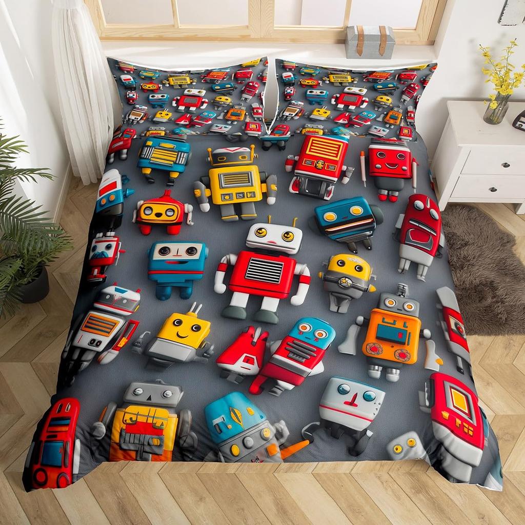 Cartoon Robot Duvet Cover Watercolor Screw Tools Bedding Set Modern Sci-Fi Robot Comforter Cover For Kids Polyester Quilt Cover