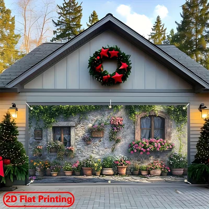 2D Spring Blooming Garden Garage Door Banner, Rustic Stone Wall Backdrop