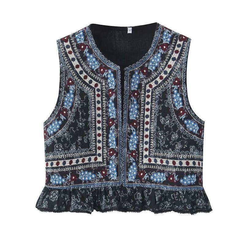 Kaslead New Arrival Women's Clothing Fashion Style Minimalist Retro Machine Embroidery Flounce Ethnic Style Vest