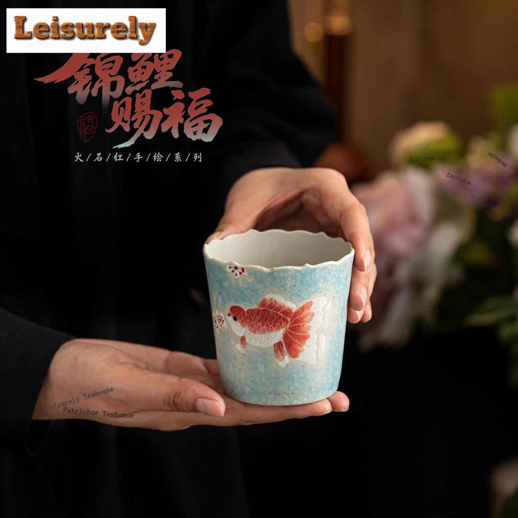 HOYIHM 111ml Flame Red Hand-painted Koi Fish Teacup Vintage Tea Bowl Cute Cup Tea-tasting Smelling Cup Jianzhan Master Cups Cafe