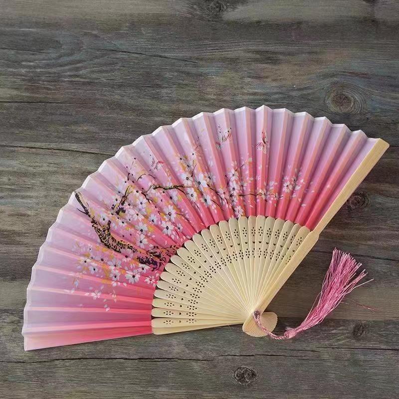 Chinese Japanese Flower Print Folding Silk Bamboo Fan Ornament Art Craft Gift Wedding Dance Performance Hand Fan