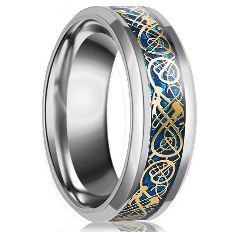 Fashion 8mm Men's Stainless Steel Celtic Dragon Ring Inlay Red Green Black Carbon Fiber Ring Wedding Band Charm Jewelry Gifts