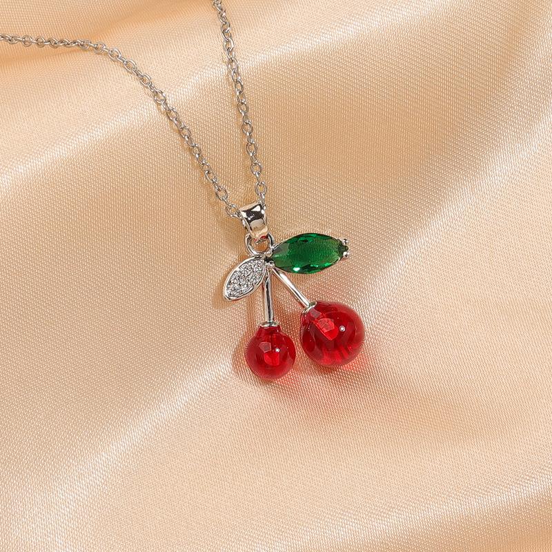 Women's Luxury Zircon Cherry Pendant Necklace - Elegant Copper Clavicle Chain