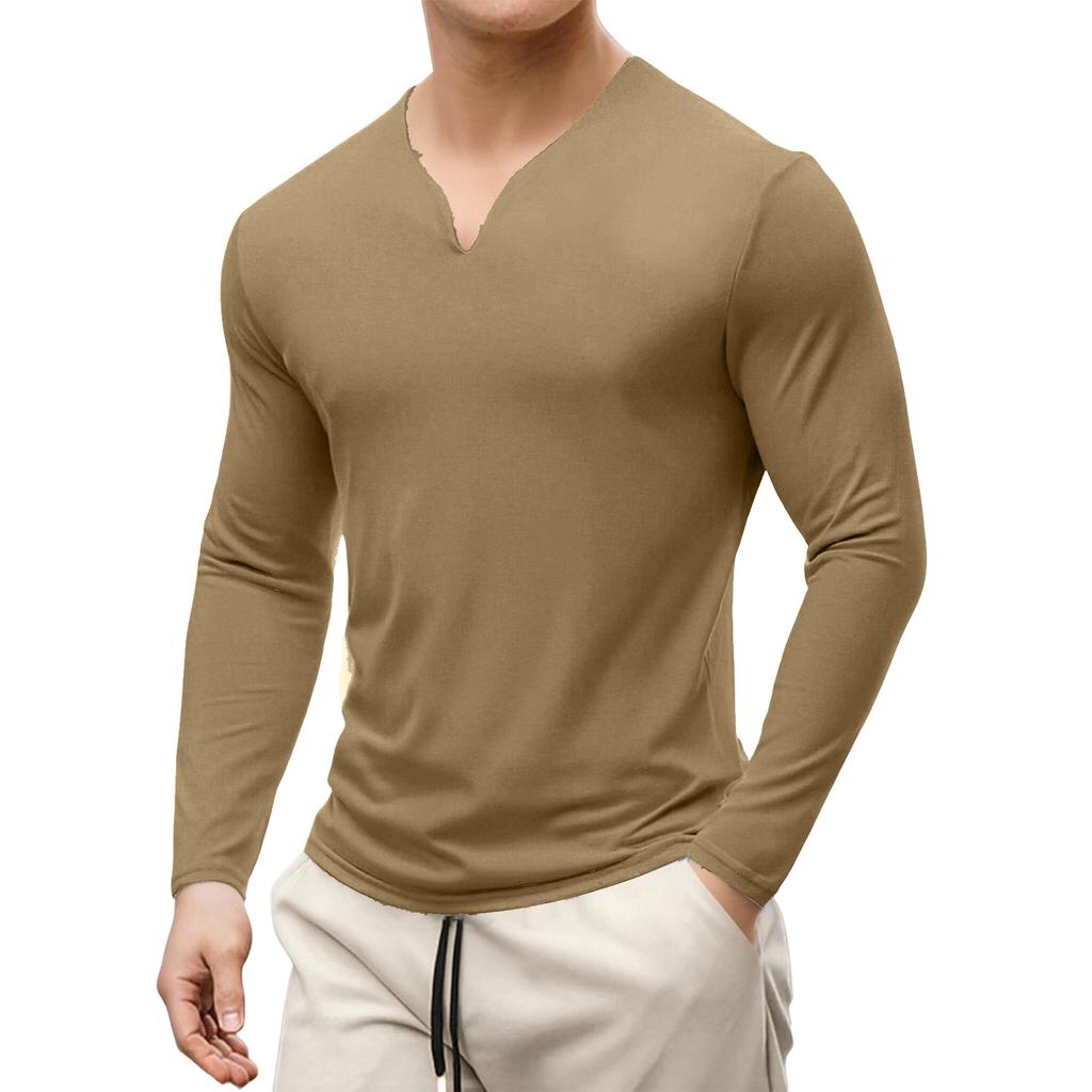 Męska casualowa koszulka sportowa i fitness, rozmiar plus, męska elastyczna i wygodna, z długim rękawem i dekoltem w serek, bazowy top