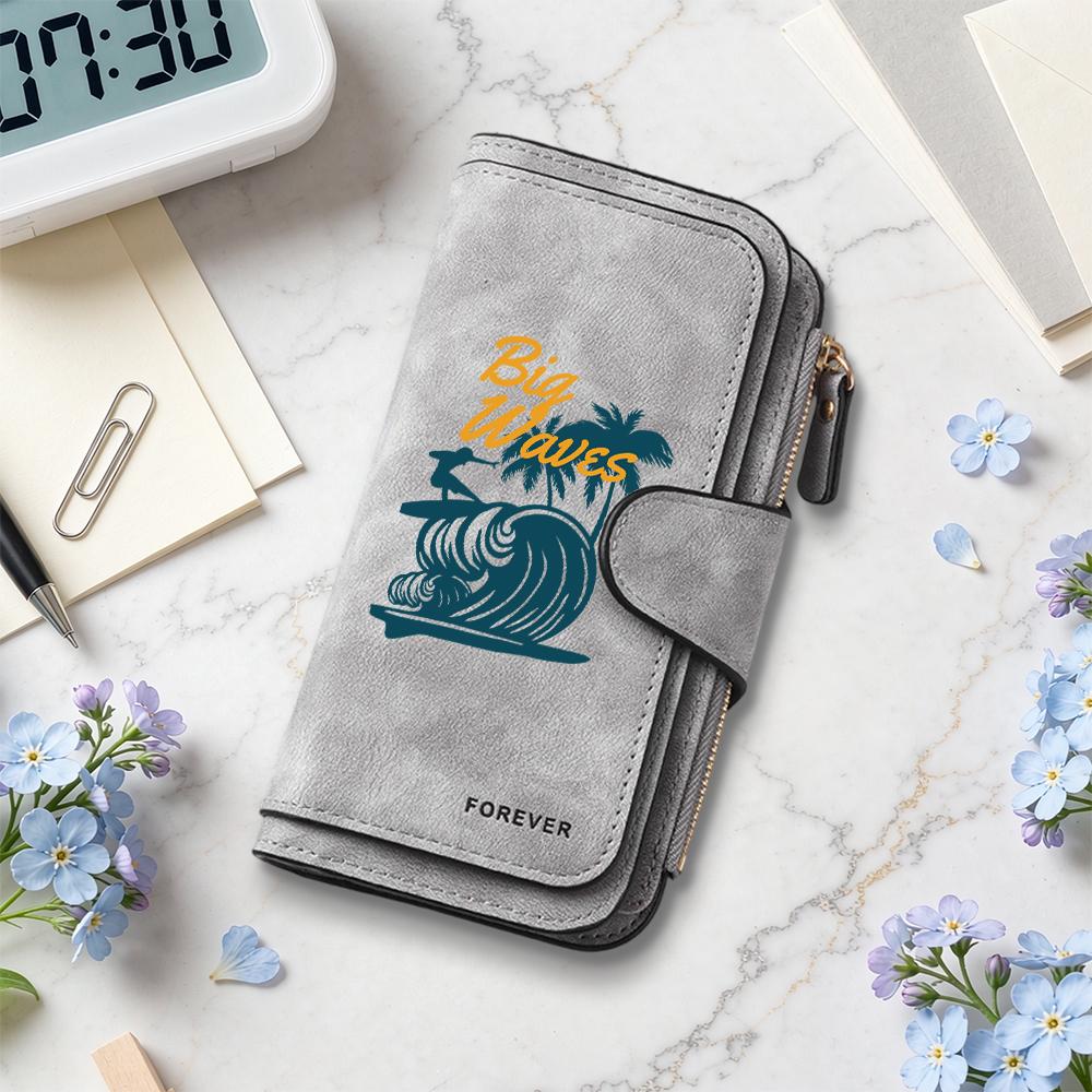 Vintage Style Long Wallet Big Waves Print Portable Card Holder Purse for Daily Use