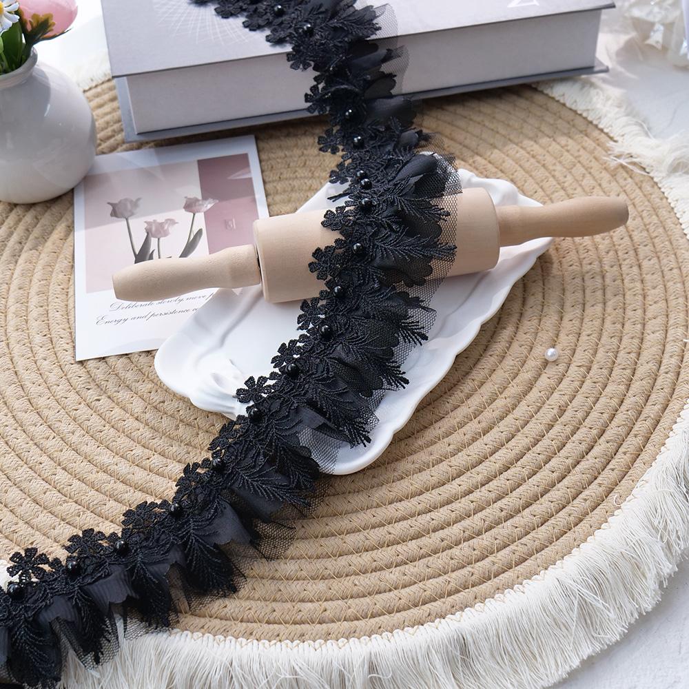 1M White 3D Rose Lace Trim Flower Embroidery With Pearl Wedding Dress Decor Tassel Patch DIY Crafts Supplies Needlework Ribbon