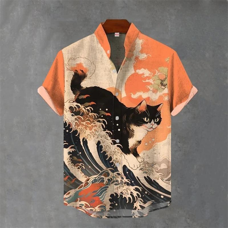 Japanese Animal Graphic Men's Shirt Summer Casual Short Sleeve Tops Hawaiian Tiger Shirts Men Oversized Lapel Button T-Shirt Man