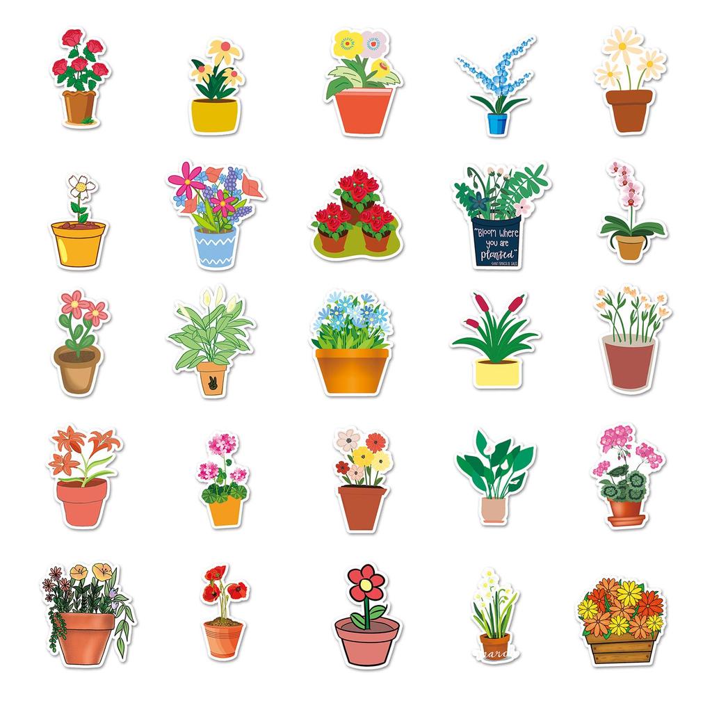 50 Sheets Flower Plant Stickers Cartoon Style for DIY Graffiti, Journals & Tablets