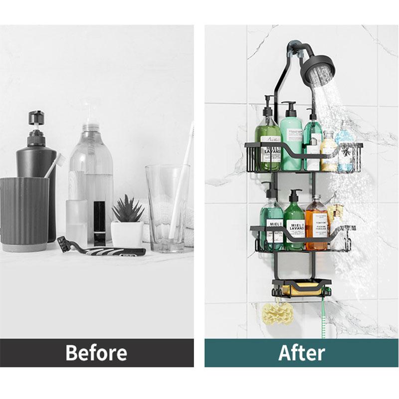 Bathroom Shampoo Bottle Storage Rack Hanging Shower Head Storage Rack Third Floor Made of Iron Wall Mounted Bathroom Shelf
