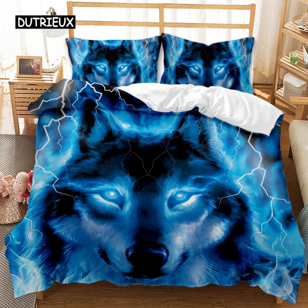 Wolf Bettbezug Set Tiermuster Bettwäsche Set Cooles Wildleben Bettdeckenbezug Kinder Glitzer Blau Wilder Wolf Polyester Quiltbezug