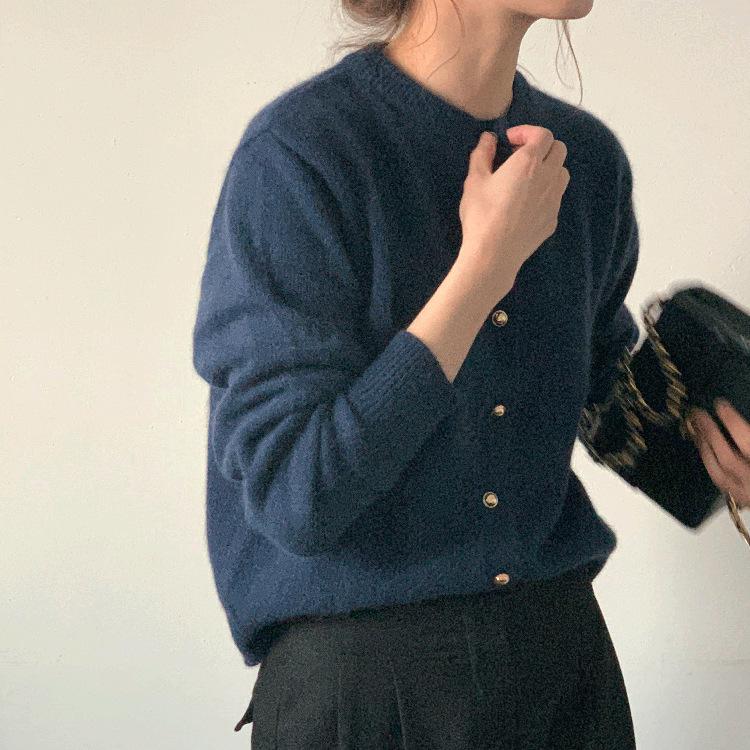 Spring Raccoon Velvet Knitted Cardigan Women's Loose Solid Color Round Neck Short Sweater Jacket Top