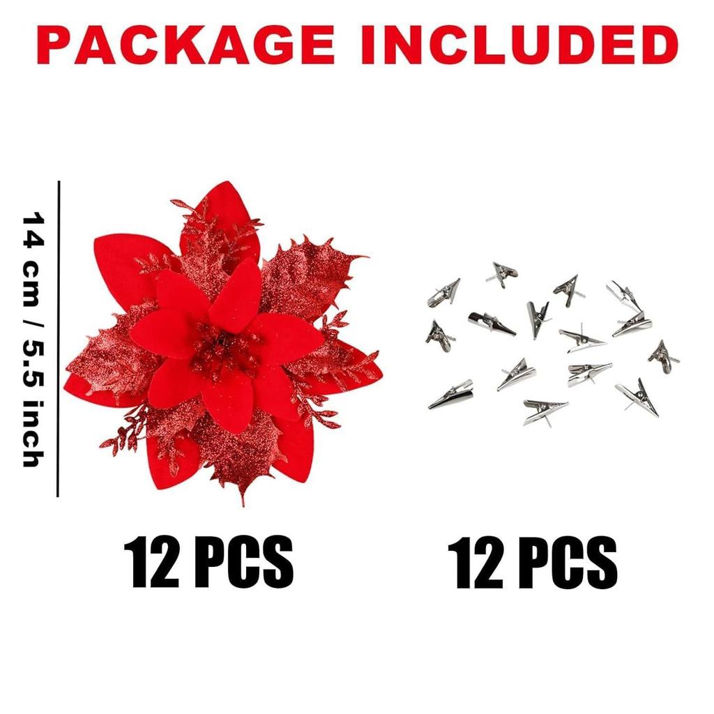 12Pcs Red Christmas Poinsettias Flowers Decoration Artificial Flowers for Christmas Tree Ornaments Suitable for Home Christmas Decorations