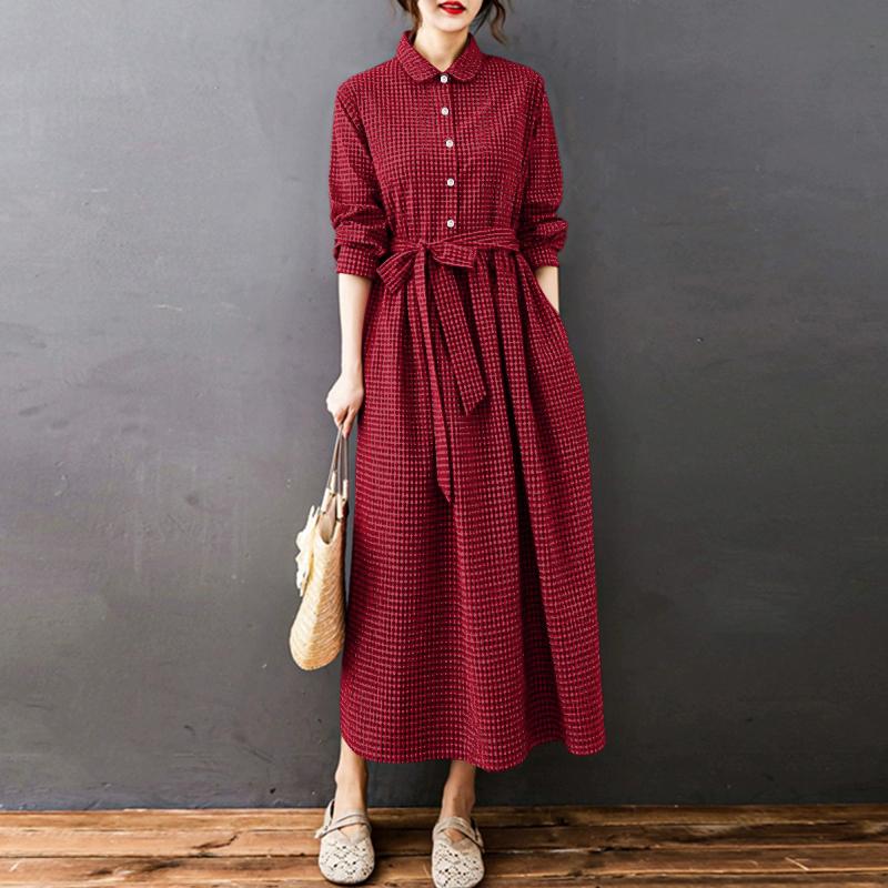 

ZANZEA Женское повседневное платье с отложным воротником, свободное, с длинным рукавом, в клетку 5XL красный