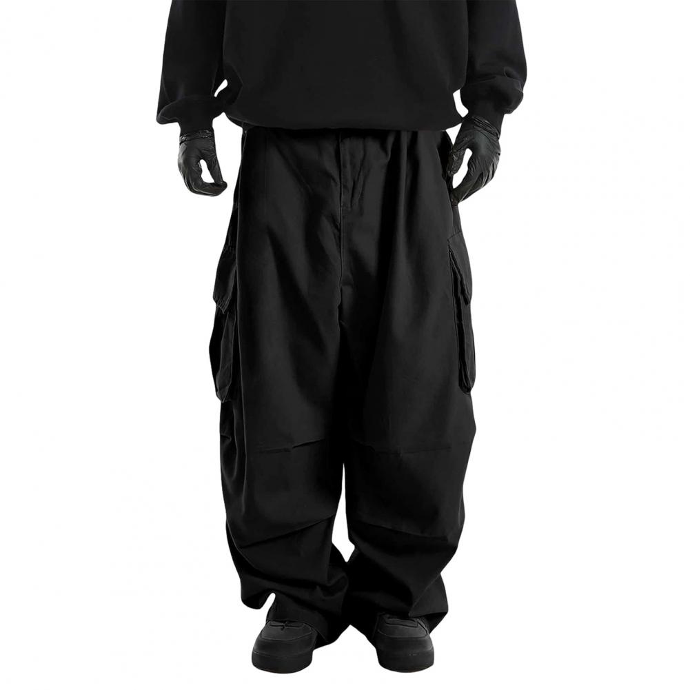 Men Cargo Pants Multi Pockets Drawstring Elastic Waist Vintage Wide Leg Hip Hop Streetwear Loose Solid Color Outdoor Long Trouse
