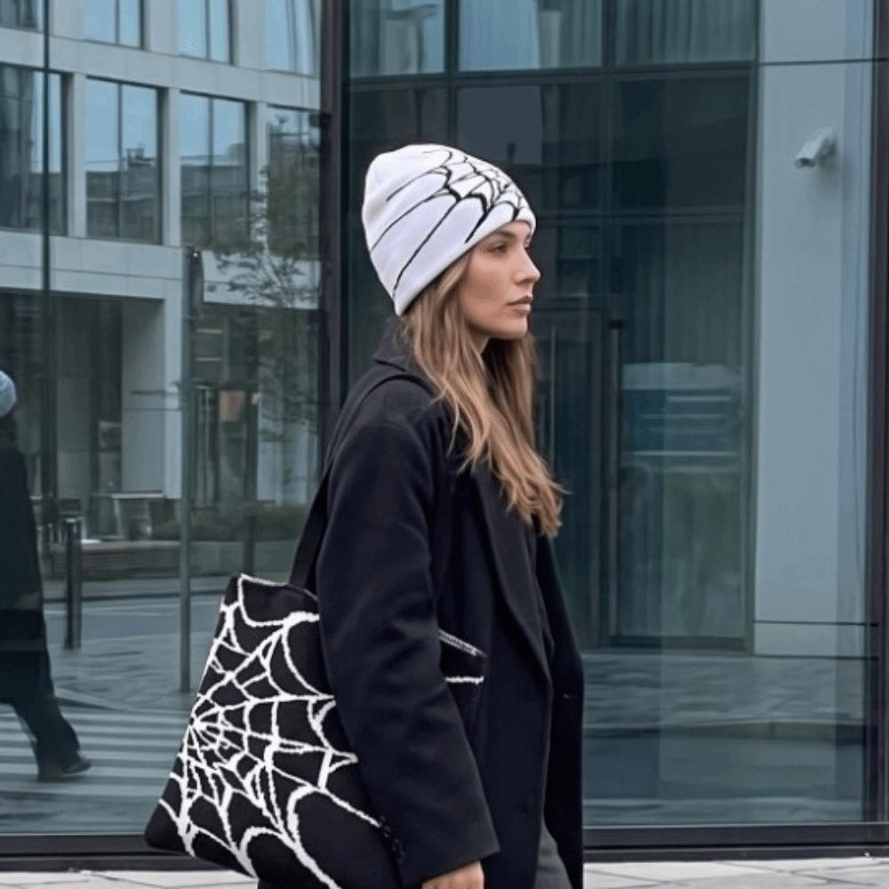 Warm Pullover Hat Stretch Cuffed Knitted Hat Gothic Spider Web Pattern Beanie Caps  Outdoor
