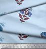 Soimoi Blue Japan Crepe Satin Fabric Insect|Leaves & Floral Block Print Fabric by Yard 42 Inch