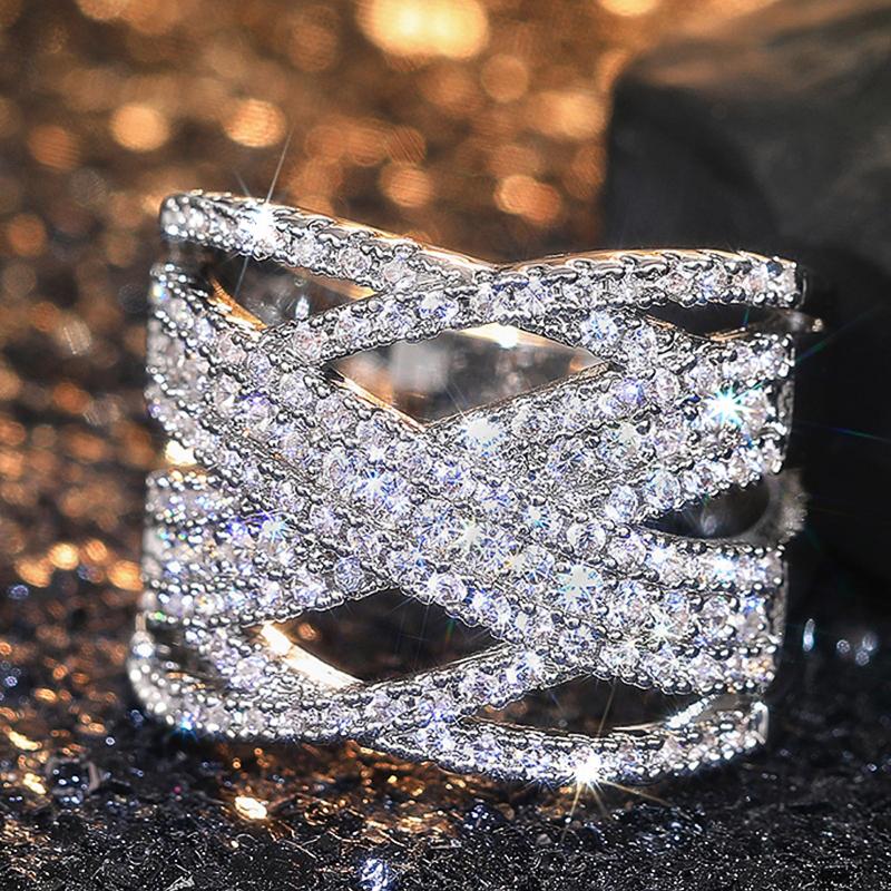 Huitan Luxury CopperColor Cross Rings for Women Sparkling Zirconia Finger Accessories for Daily Party Female Trendy Jewelry