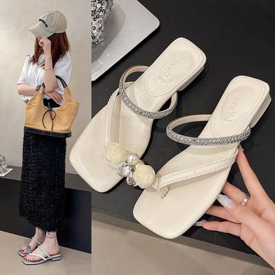 Open-toed Thick Middle-heeled Sandals for Women's Summer Wear 2025 New High-end Rose Toe Rhinestones with Slippers