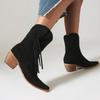 2025 Wildleder Leopardenmuster Stoff Holzmaserung Dicker Absatz Quaste Dünner Riemen Slipper Westernstiefel Plüschfutter für Winterstiefel