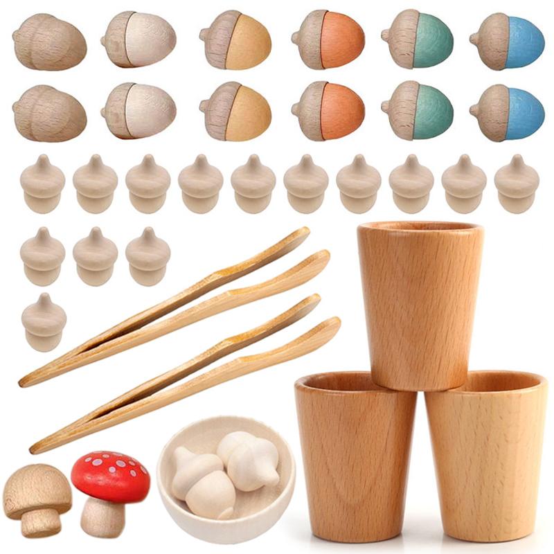 Toddlers Montessori Material Sorter Sensory Toys Wooden Mushroom Pine Cones Blocks Clip Cup Bowl Fine Motor Skill Teaching Aids