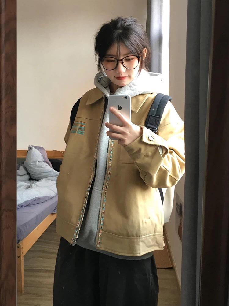 Women's Retro-Style Short Loose Workwear Jacket with Spandex - Unisex Design for Spring
