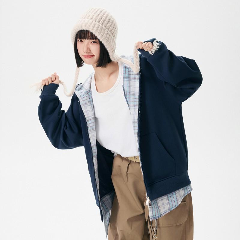 Unisex Kareli Kapüşonlu Fermuarlı Sweatshirt Sahte İki Parça Oversize Günlük Kazak
