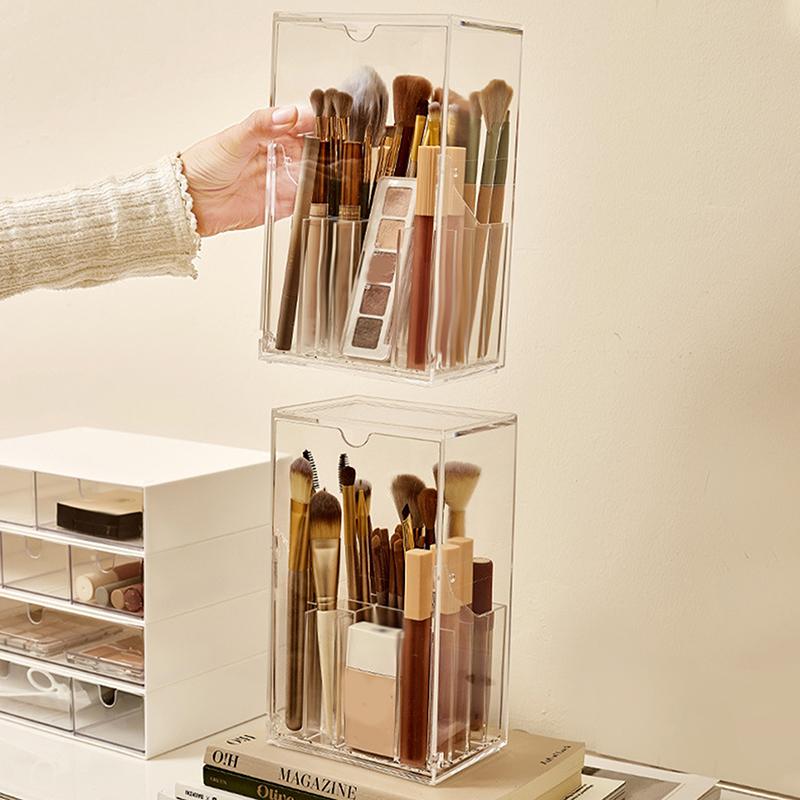 Front Flap Lid Makeup Brush Holder Clear Cosmetic Brush Storage Box Acrylic Makeup Brush Holder Slant Desk Makeup Tool Container
