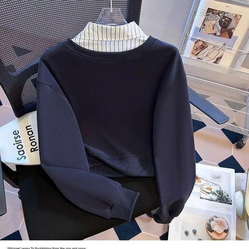 Plus Size Two-Piece Patchwork Polo Neck Sweatshirt - Women's Loose Slimming College Style for Spring & Autumn